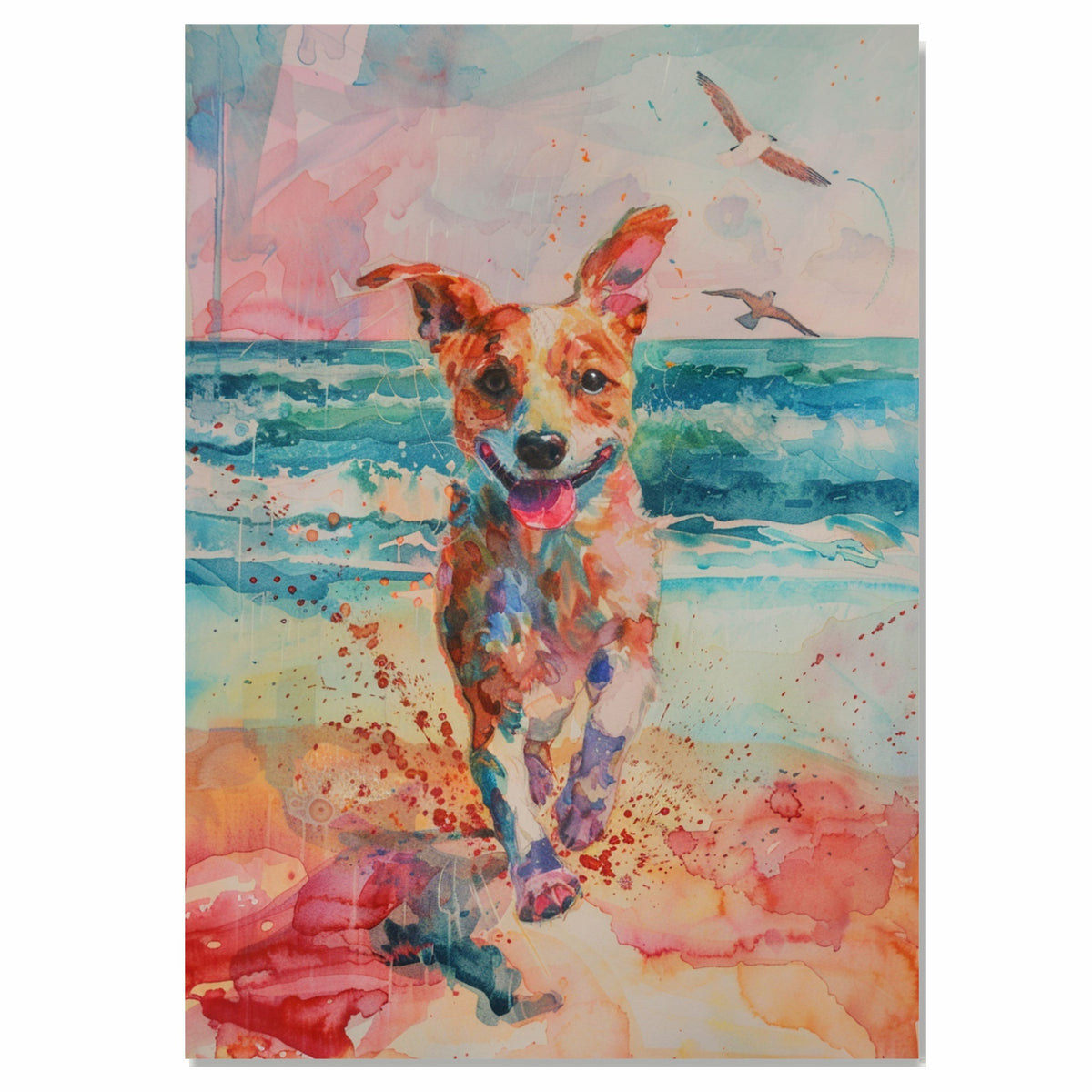 Watercolor Dog Running on Beach with Waves and Birds in Colorful Splash Style Coastal Animal Art for Pet Lovers on Ready to Hang 1.5" Thick Canvas Wrap, Floating Framed Canvas, Flat Rolled Canvas