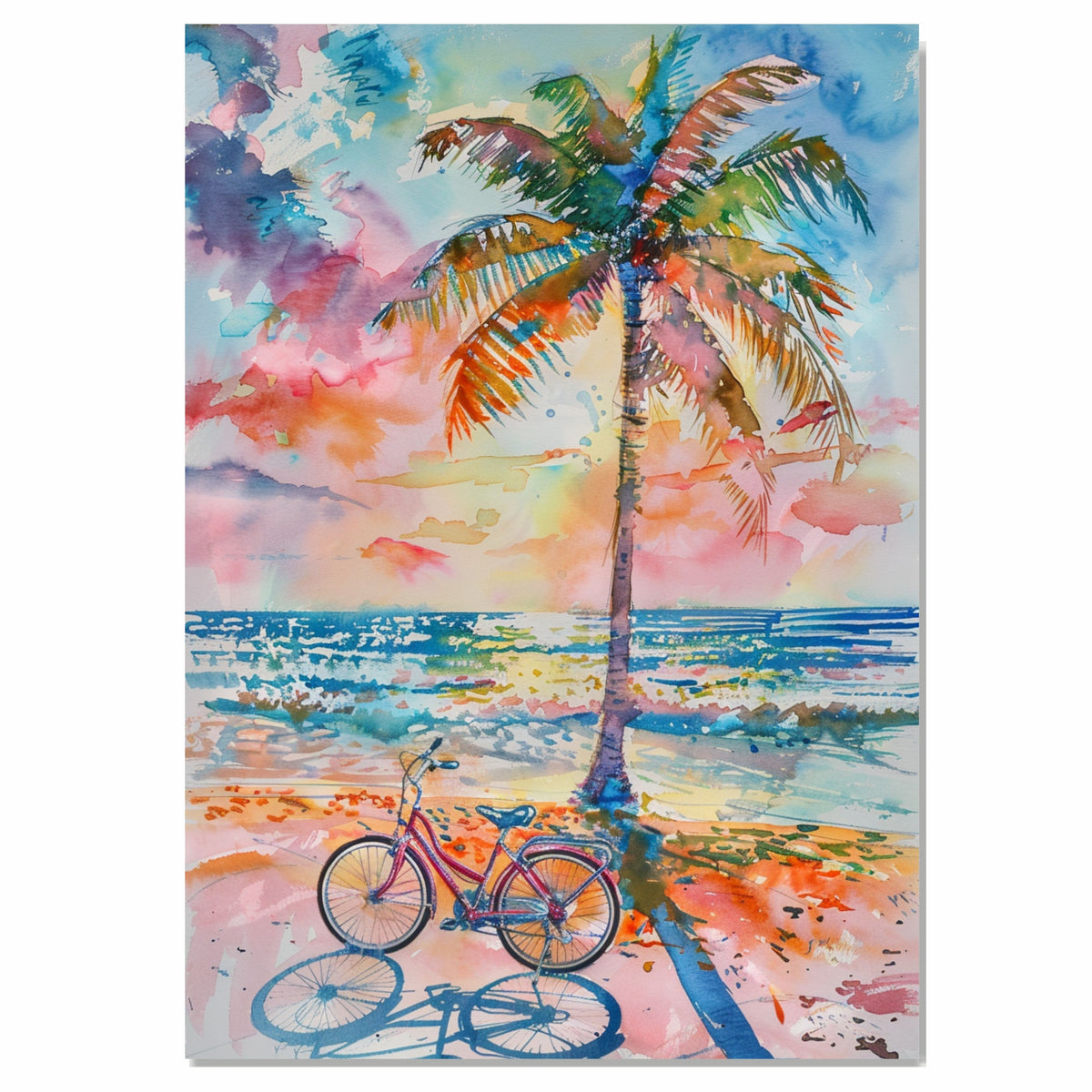 Watercolor of Palm Tree and Bicycle by Ocean Shore with Vibrant Sunset Sky on Ready to Hang 1.5" Thick Canvas Wrap, Floating Framed Canvas, Flat Rolled Canvas