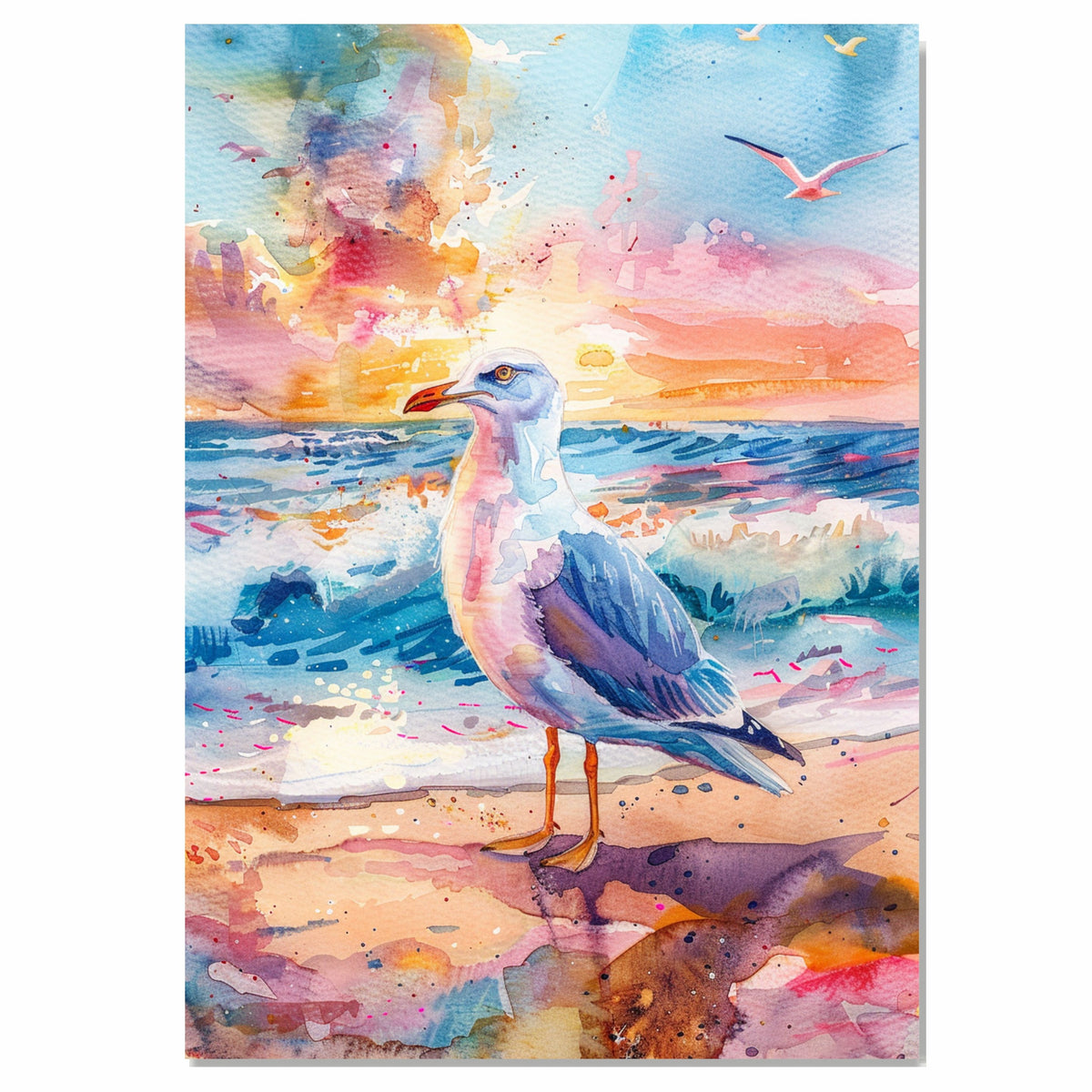 Seagull by Ocean Shore in Vivid Sunset Watercolor Scene with Crashing Waves and Colorful Sky Background on Ready to Hang 1.5" Thick Canvas Wrap, Floating Framed Canvas, Flat Rolled Canvas