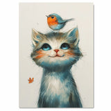 Charming Painting of a Kitten with Bright Blue Eyes and a Robin on Its Head Perfect for Whimsical Animal Decor or Unique Gifts for Cat and Bird Lovers on Ready to Hang 1.5" Thick Canvas Wrap, Floating Framed Canvas, Flat Rolled Canvas