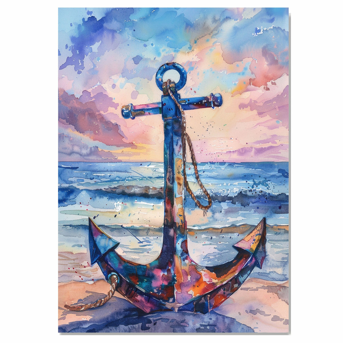 Watercolor Painting of a Multicolored Anchor on the Beach with Ocean Waves and Sunset Sky in Nautical Coastal Style on Ready to Hang 1.5" Thick Canvas Wrap, Floating Framed Canvas, Flat Rolled Canvas
