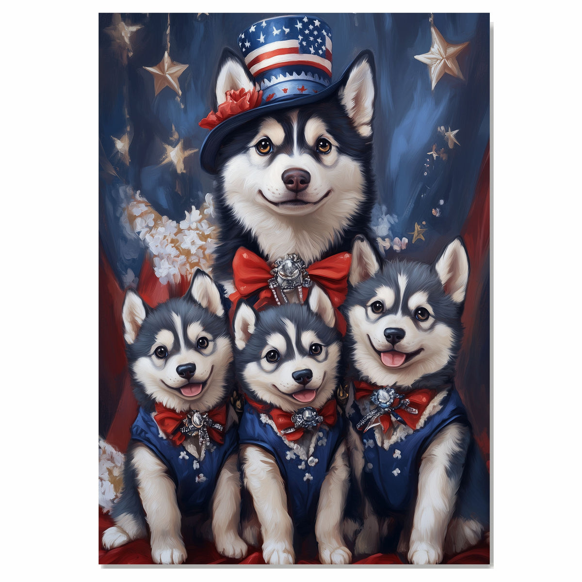 Stars & Paws: Siberian Husky Mom with Three Puppies in a Patriotic Scene - Heartfelt American-Themed Painting on Ready to Hang 1.5" Thick Canvas Wrap, Floating Framed Canvas, Flat Rolled Canvas