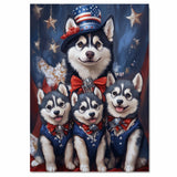 Stars & Paws: Siberian Husky Mom with Three Puppies in a Patriotic Scene - Heartfelt American-Themed Painting on Ready to Hang 1.5" Thick Canvas Wrap, Floating Framed Canvas, Flat Rolled Canvas