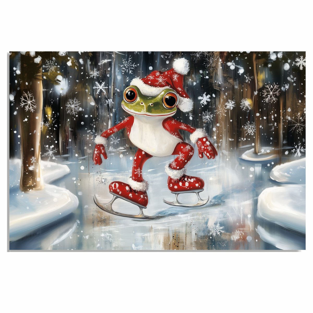 Whimsical Christmas Frog Ice Skating in Festive Red Outfit with Santa Hat and Snowflakes – Adorable Winter Holiday Animal Art for Seasonal Decor or Gifts on Ready to Hang 1.5" Thick Canvas Wrap, Floating Framed Canvas, Flat Rolled Canvas