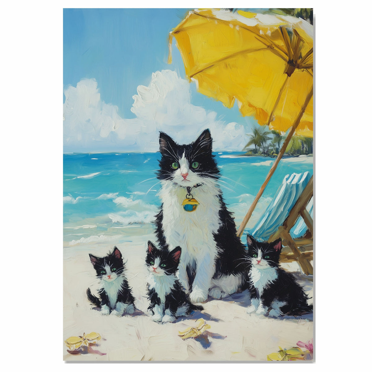 Seaside Whiskers: Tuxedo Cat Mom and Three Kittens Under a Beach Umbrella on Ready to Hang 1.5" Thick Canvas Wrap, Floating Framed Canvas, Flat Rolled Canvas