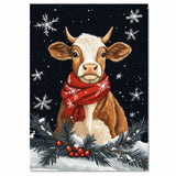 "Winter Bliss Cow" - Cow in Red Scarf Sitting in Snow on Ready to Hang 1.5" Thick Canvas Wrap, Floating Framed Canvas, Flat Rolled Canvas