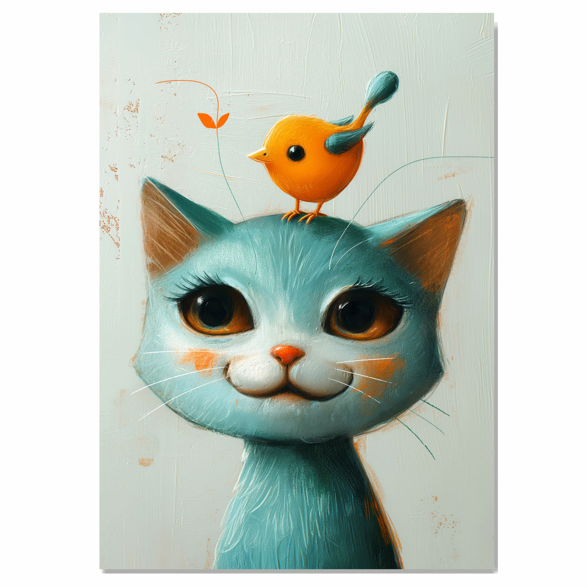 Playful Blue Cat with Cute Yellow Bird on Head Fun Animal Illustration for Nursery Kids Room and Pet Lovers Adorable Gift for Cat and Bird Fans on Ready to Hang 1.5" Thick Canvas Wrap, Floating Framed Canvas, Flat Rolled Canvas