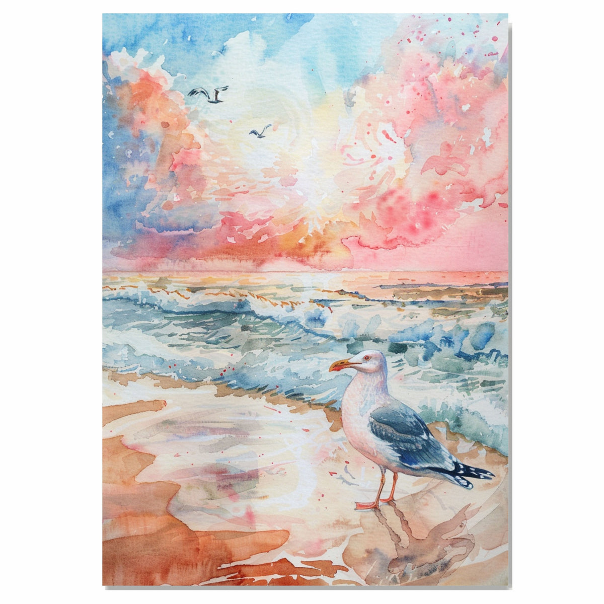 Watercolor Seagull on Shoreline at Sunset with Ocean Waves and Pink Orange Sky in a Peaceful Coastal Scene on Ready to Hang 1.5" Thick Canvas Wrap, Floating Framed Canvas, Flat Rolled Canvas