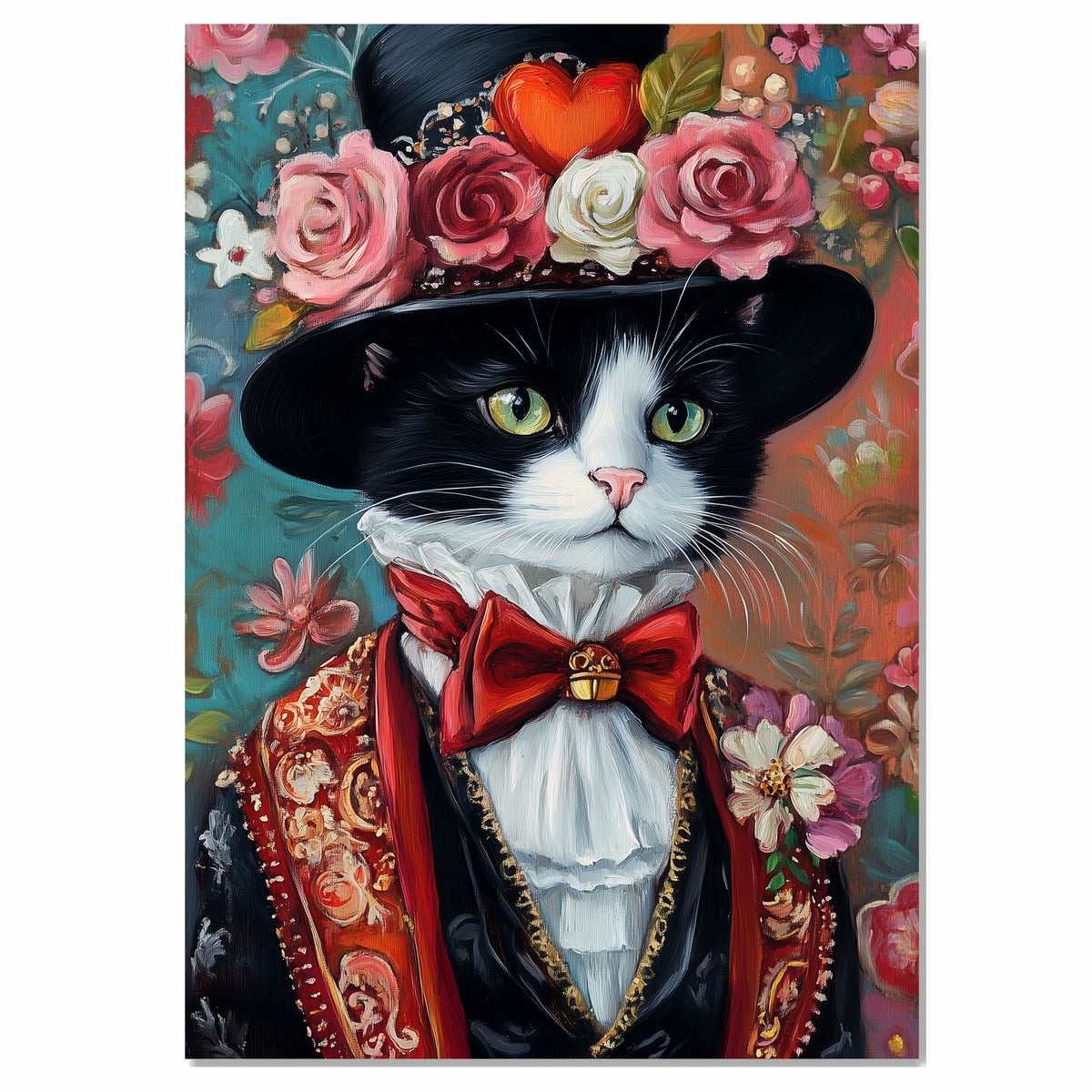 Timeless Elegance: Tuxedo Cat in a Flowery Hat and European-Inspired Suit - Sophisticated Classic Painting on Ready to Hang 1.5" Thick Canvas Wrap, Floating Framed Canvas, Flat Rolled Canvas
