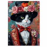 Timeless Elegance: Tuxedo Cat in a Flowery Hat and European-Inspired Suit - Sophisticated Classic Painting on Ready to Hang 1.5" Thick Canvas Wrap, Floating Framed Canvas, Flat Rolled Canvas