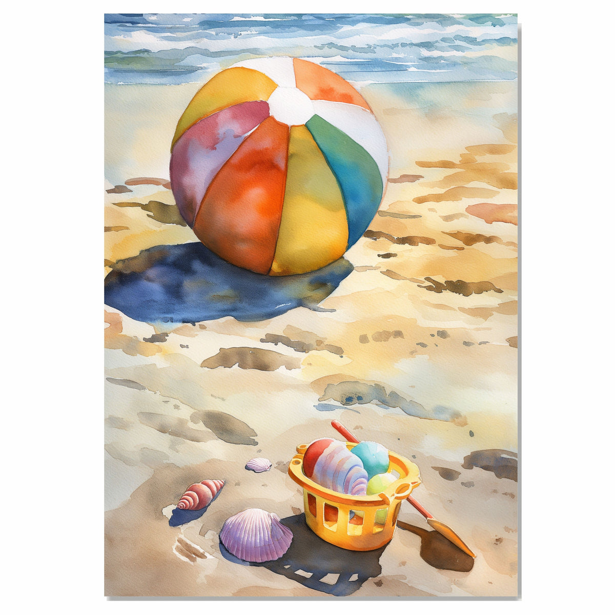 Watercolor Painting of a Colorful Beach Ball with Bucket Shells and Shovel on Sandy Shore Beside Ocean Waves on Ready to Hang 1.5" Thick Canvas Wrap, Floating Framed Canvas, Flat Rolled Canvas