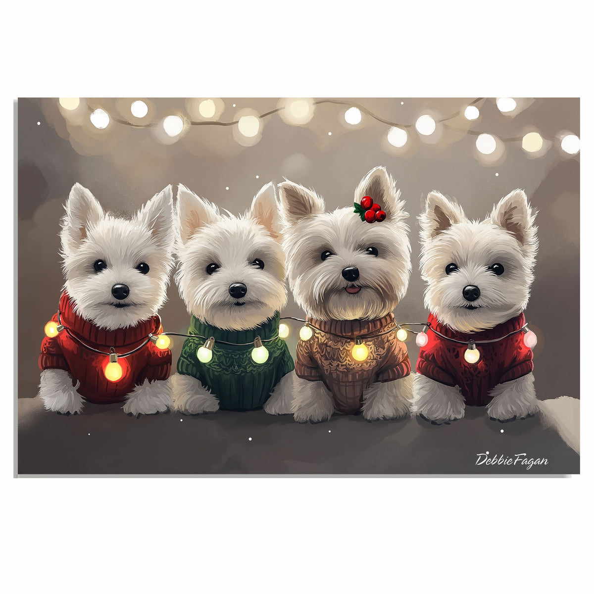 "Westie Winter Glow" - West Highland Terriers in Festive Sweaters and Christmas Lights on Snowy Background on Ready to Hang 1.5" Thick Canvas Wrap, Floating Framed Canvas, Flat Rolled Canvas