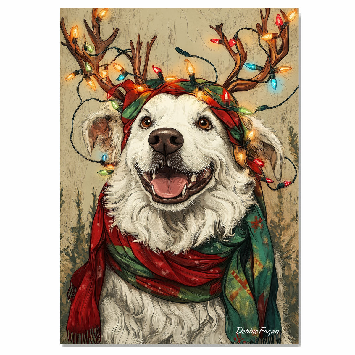 Holiday Joy - 'Winter Wonderland' - Dog with Christmas Lights & Scarf on Rustic Canvas, Ready to Hang 1.5" Thick Canvas Wrap, Floating Framed Canvas, Flat Rolled Canvas