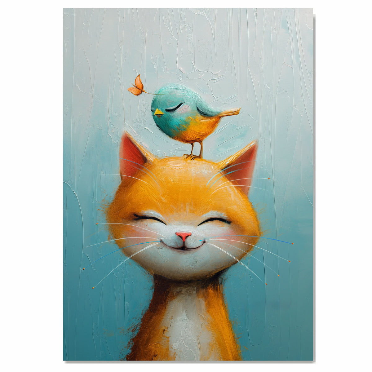 Smiling Orange Cat with Blue and Yellow Bird on Head Adorable Animal Illustration for Kids Room or Nursery Fun Whimsical Art for Cat and Bird Lovers on Ready to Hang 1.5" Thick Canvas Wrap, Floating Framed Canvas, Flat Rolled Canvas