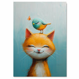 Smiling Orange Cat with Blue and Yellow Bird on Head Adorable Animal Illustration for Kids Room or Nursery Fun Whimsical Art for Cat and Bird Lovers on Ready to Hang 1.5" Thick Canvas Wrap, Floating Framed Canvas, Flat Rolled Canvas