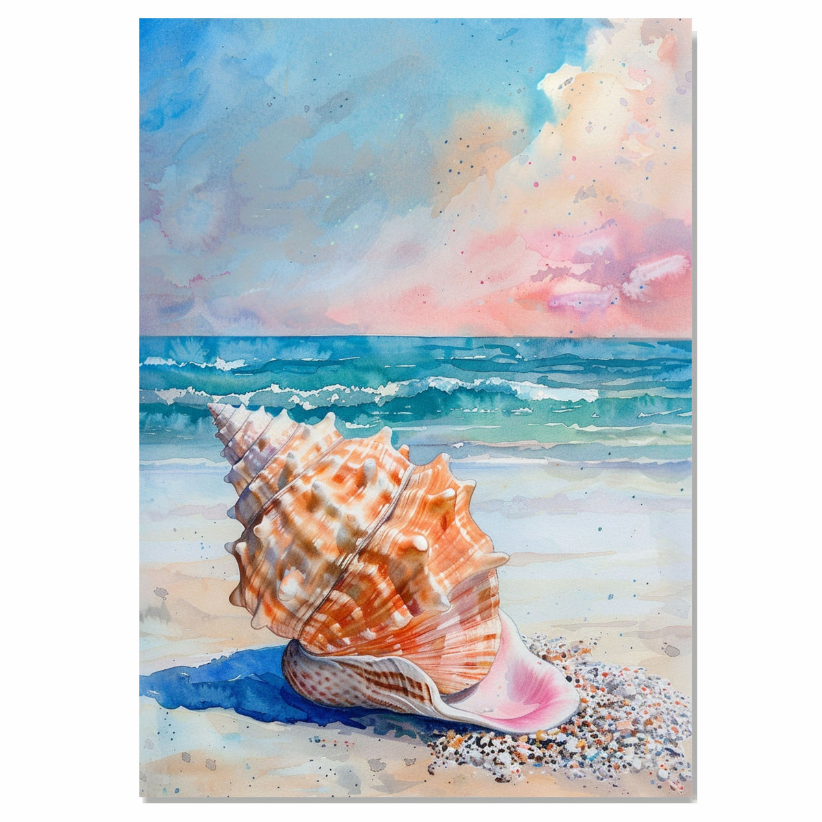 Watercolor Painting of a Large Orange Seashell on Sandy Beach with Ocean Waves and Colorful Sky at Sunset on Ready to Hang 1.5" Thick Canvas Wrap, Floating Framed Canvas, Flat Rolled Canvas