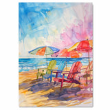 Colorful Watercolor Beach Chairs & Umbrellas Painting – Coastal Ocean Scene on Ready to Hang 1.5" Thick Canvas Wrap, Floating Framed Canvas, Flat Rolled Canvas