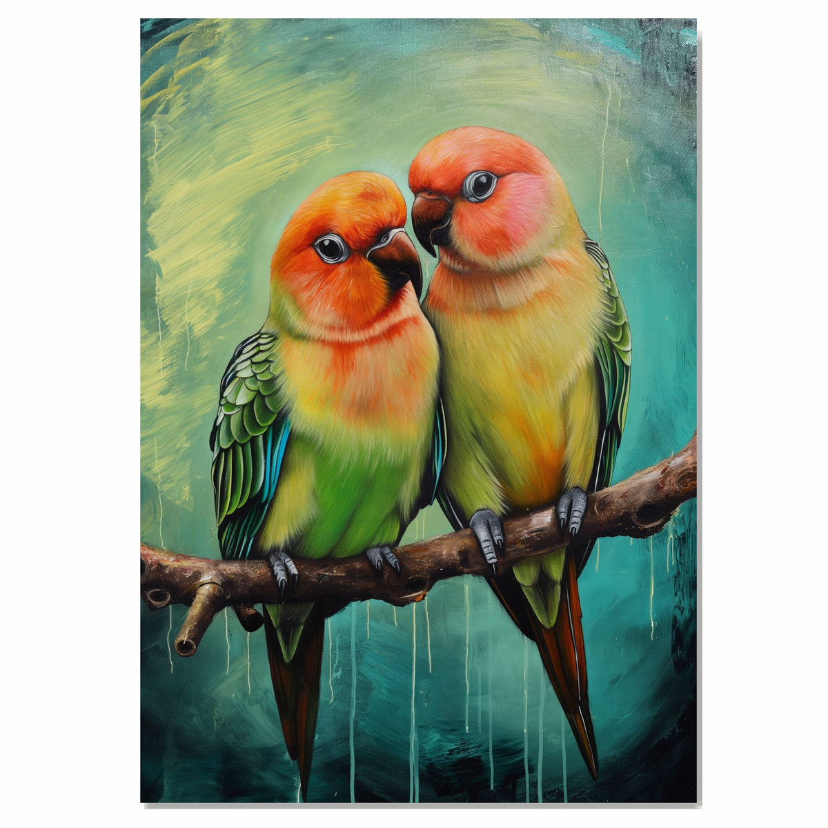 Vibrant Parrot Pair Artwork Featuring Orange Green and Yellow Plumage with Blue Highlights on a Branch Against an Abstract Teal and Textured Background on Ready to Hang 1.5" Thick Canvas Wrap, Floating Framed Canvas, Flat Rolled Canvas