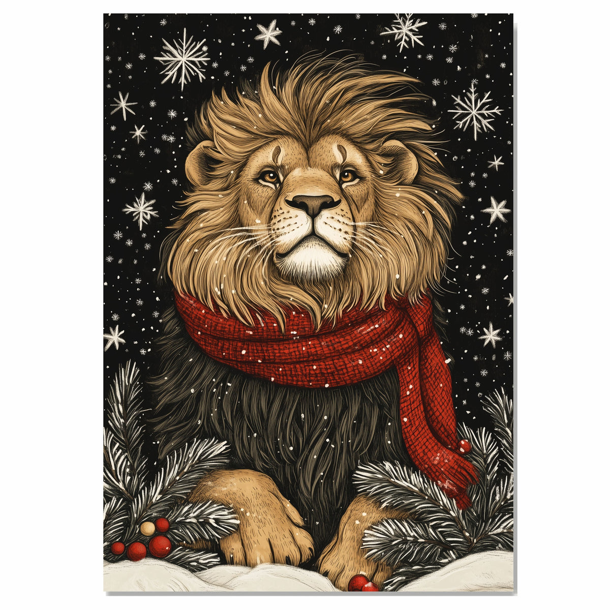 "Snow King Lion" - Lion in Red Scarf Posing in Winter Snow on Ready to Hang 1.5" Thick Canvas Wrap, Floating Framed Canvas, Flat Rolled Canvas