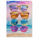 Watercolor Art of Five Sunglasses with Beach Reflections Featuring Palms Waves and Sunset in Tropical Summer Colors on Ready to Hang 1.5" Thick Canvas Wrap, Floating Framed Canvas, Flat Rolled Canvas