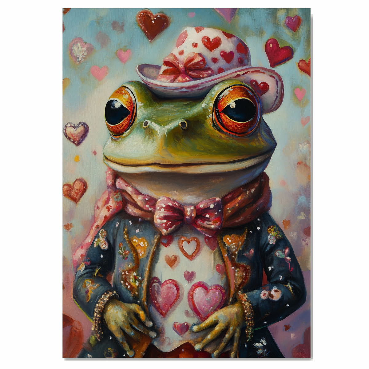 Elegant Whimsy: Green Frog in a Victorian European Suit and Hat Charming Heartfelt Artwork on Ready to Hang 1.5" Thick Canvas Wrap, Floating Framed Canvas, Flat Rolled Canvas