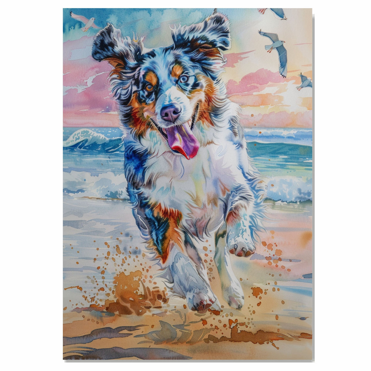 Energetic Watercolor Dog Running on Beach with Splashing Sand and Ocean Waves in Vibrant Coastal Pet Art on Ready to Hang 1.5" Thick Canvas Wrap, Floating Framed Canvas, Flat Rolled Canvas