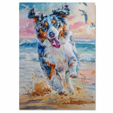 Energetic Watercolor Dog Running on Beach with Splashing Sand and Ocean Waves in Vibrant Coastal Pet Art on Ready to Hang 1.5" Thick Canvas Wrap, Floating Framed Canvas, Flat Rolled Canvas