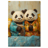 Whimsical Painting of Two Cute Panda Bears in Colorful Pajamas Holding Mugs with Cozy Expressions in a Textured Artistic Style on Ready to Hang 1.5" Thick Canvas Wrap, Floating Framed Canvas, Flat Rolled Canvas