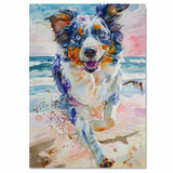 Energetic Multicolor Dog Running on Beach in Watercolor with Ocean Waves and Sky for Pet Lovers and Coastal Wall Art on Ready to Hang 1.5" Thick Canvas Wrap, Floating Framed Canvas, Flat Rolled Canvas