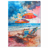 Watercolor Painting of Multicolored Beach Chairs and Umbrellas by the Ocean on Ready to Hang 1.5" Thick Canvas Wrap, Floating Framed Canvas, Flat Rolled Canvas