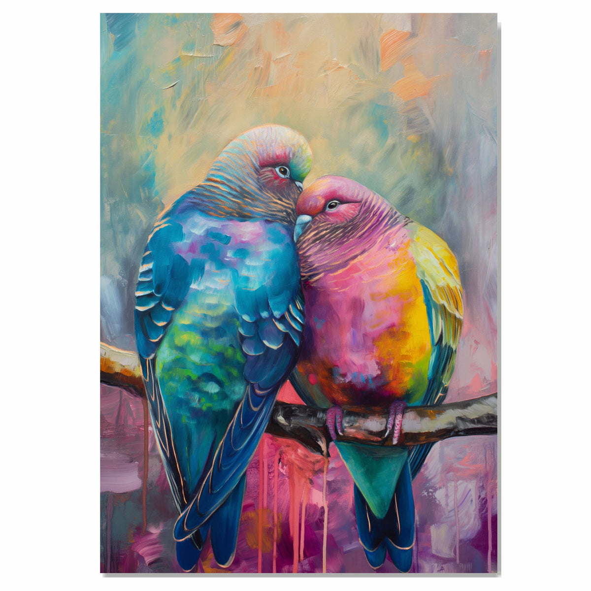 Colorful Love Birds Art in Bold Pink Blue Green and Yellow Tones Perched Together on Branch in Expressive Brushstroke Style for Bright Romantic Spaces on Ready to Hang 1.5" Thick Canvas Wrap, Floating Framed Canvas, Flat Rolled Canvas