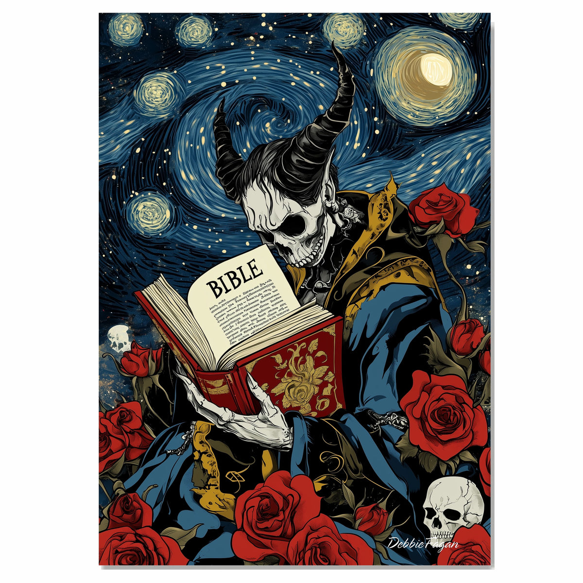 Gothic Devil Reading the Bible – Surreal Starry Night & Skull Rose Aesthetic Dark Art Print on Ready to Hang 1.5" Thick Canvas Wrap, Floating Framed Canvas, Flat Rolled Canvas