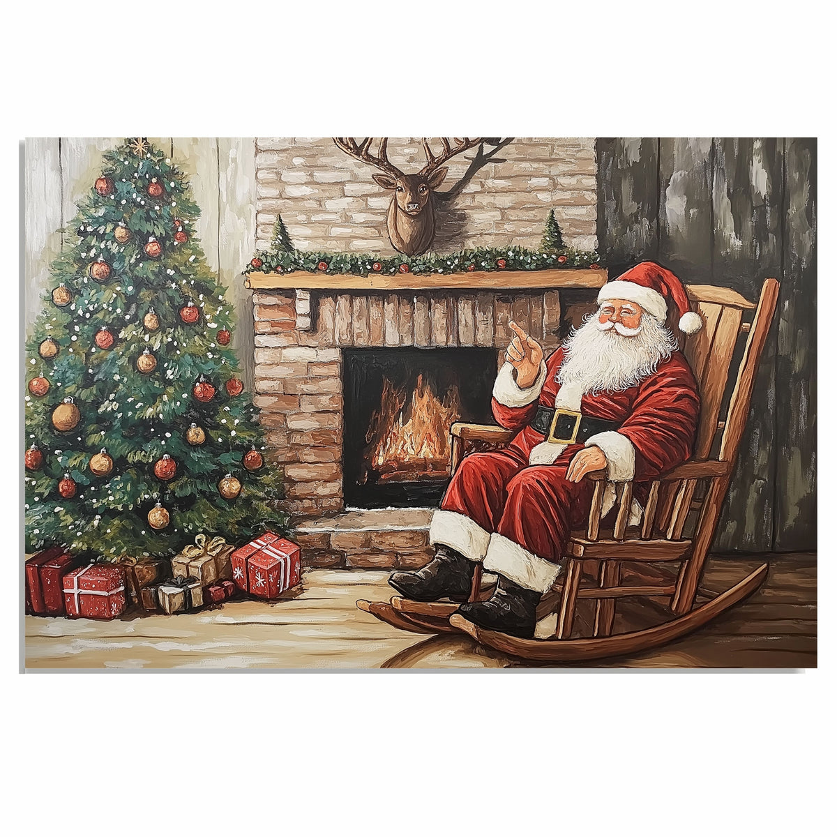 Santa Claus Sitting in Rocking Chair by Fireplace with Christmas Tree, Presents, Garland and Deer Mount in Rustic Cabin Style Holiday Living Room Scene on Ready to Hang 1.5" Thick Canvas Wrap, Floating Framed Canvas, Flat Rolled Canvas