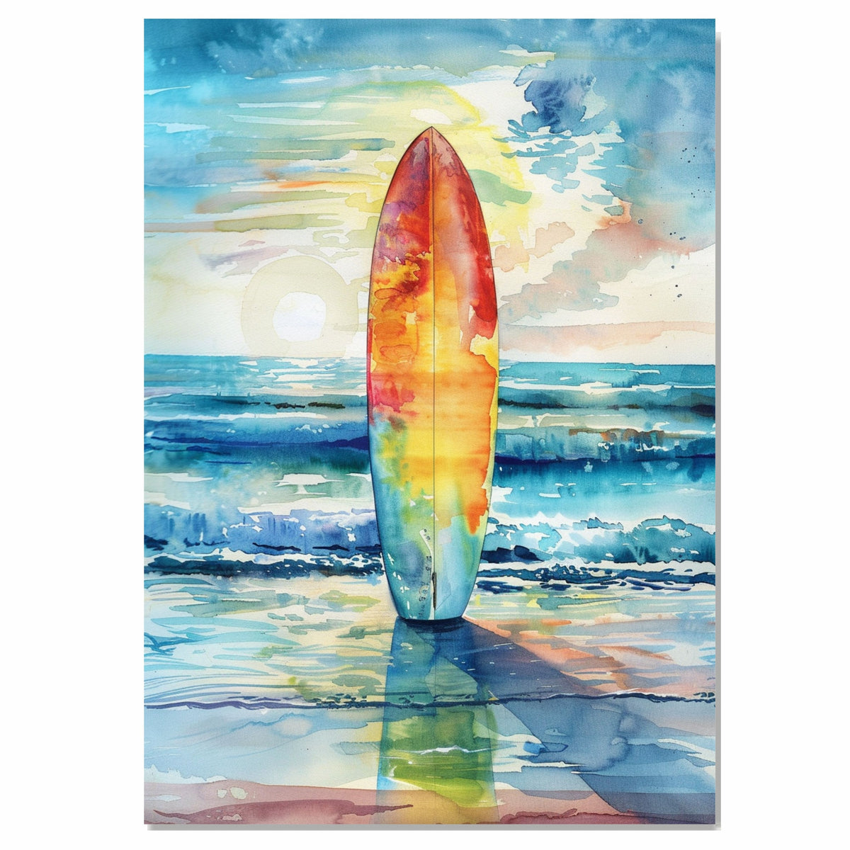 Watercolor Painting of a Multicolored Surfboard Reflecting Ocean Sunset on Shoreline with Vibrant Sky and Rolling Waves on Ready to Hang 1.5" Thick Canvas Wrap, Floating Framed Canvas, Flat Rolled Canvas
