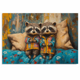 Whimsical Painting of Two Raccoons in Bright Pajamas Sitting on a Bed with Soft Pillows and a Colorful Blanket in a Cozy Setting with Expressive Faces on Ready to Hang 1.5" Thick Canvas Wrap, Floating Framed Canvas, Flat Rolled Canvas