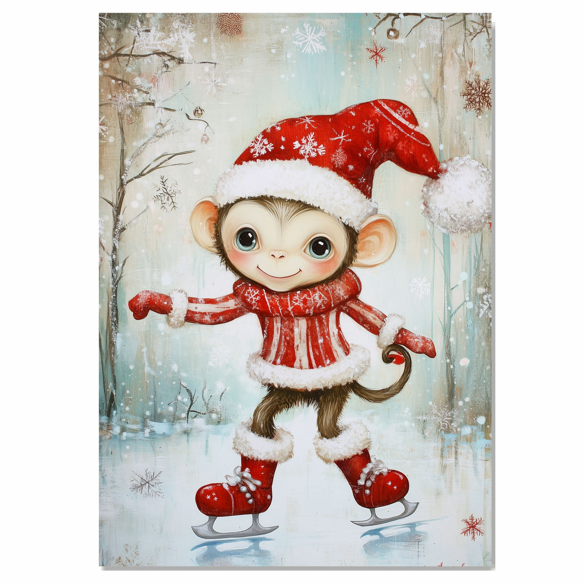 Whimsical Christmas Monkey Ice Skating in Red Santa Hat and Cozy Sweater – Playful Holiday Animal Art for Nursery Decor, Seasonal Gifts, or Winter Cheer on Ready to Hang 1.5" Thick Canvas Wrap, Floating Framed Canvas, Flat Rolled Canvas