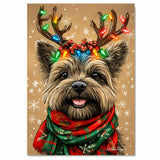 "Snowy Paws" - Cairn Terrier Dog with Lighted Antlers & Festive Scarf on Rustic Background with Snowflakes, Ready to Hang 1.5" Thick Canvas Wrap, Floating Framed Canvas, Flat Rolled Canvas