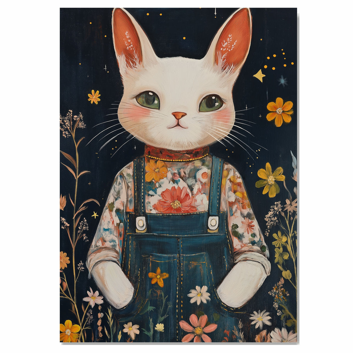 Whimsical White Cat in Floral Overalls Hand Painted Art Starry Night Background Perfect for Nursery Kids Room Home Wall Decor Bedroom or Animal Lovers Gift on Ready to Hang 1.5" Thick Canvas Wrap, Floating Framed Canvas, Flat Rolled Canvas