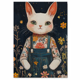 Whimsical White Cat in Floral Overalls Hand Painted Art Starry Night Background Perfect for Nursery Kids Room Home Wall Decor Bedroom or Animal Lovers Gift on Ready to Hang 1.5" Thick Canvas Wrap, Floating Framed Canvas, Flat Rolled Canvas
