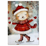 Whimsical Christmas Lion Ice Skating in Red Sweater Dress and Santa Hat – Festive Holiday Animal Art for Cozy Winter Nursery Decor or Seasonal Gifting on Ready to Hang 1.5" Thick Canvas Wrap, Floating Framed Canvas, Flat Rolled Canvas