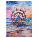 Watercolor Painting of Nautical Ship Wheel on Ocean Shore with Colorful Sunset and Waves in Vibrant Blue Pink and Amber Tones on Ready to Hang 1.5" Thick Canvas Wrap, Floating Framed Canvas, Flat Rolled Canvas