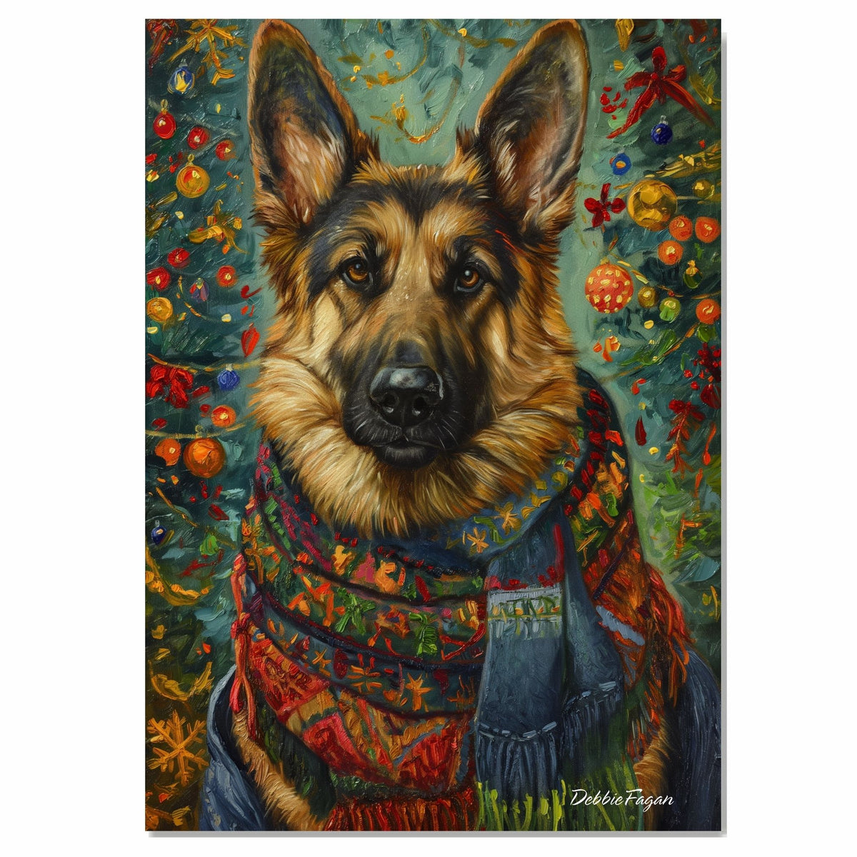 German Shepherd Dog in Winter Scarf with Christmas Tree Art Print on 1.5" Thick Canvas Wrap, Floating Framed Canvas, Flat Rolled Canvas