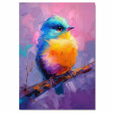 Color-Drenched Baby Bird Perched on a Branch with Deep Blues Vivid Yellows and Radiant Pinks for Nature Inspired Art and Whimsy Wall Aesthetics on Ready to Hang 1.5" Thick Canvas Wrap, Floating Framed Canvas, Flat Rolled Canvas