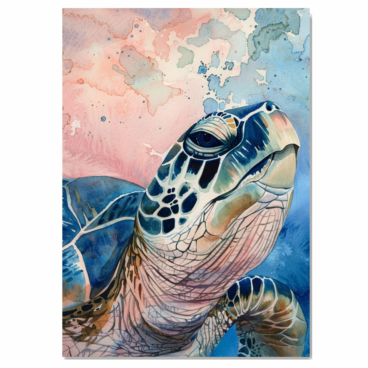 Close-Up Watercolor Sea Turtle Portrait with Blue and Pink Abstract Ocean Sky Background in Coastal Marine Art Print on Ready to Hang 1.5" Thick Canvas Wrap, Floating Framed Canvas, Flat Rolled Canvas