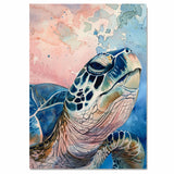 Close-Up Watercolor Sea Turtle Portrait with Blue and Pink Abstract Ocean Sky Background in Coastal Marine Art Print on Ready to Hang 1.5" Thick Canvas Wrap, Floating Framed Canvas, Flat Rolled Canvas