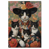 Elegant Blooms: Tuxedo Cat Mom in Victorian Attire with Three Kittens on Ready to Hang 1.5" Thick Canvas Wrap, Floating Framed Canvas, Flat Rolled Canvas