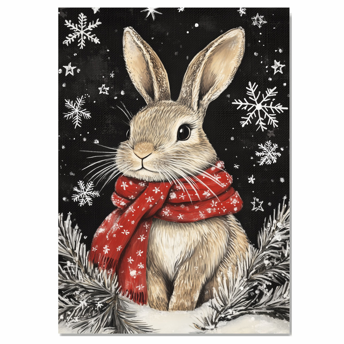 "Snowy Serenity Bunny" - Bunny in Red Scarf Sitting in Winter Snow on Ready to Hang 1.5" Thick Canvas Wrap, Floating Framed Canvas, Flat Rolled Canvas