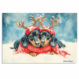 Doxie Christmas Canvas  - "Snowy Snouts" - Cozy Dachshund Dogs with Colorful Antlers in the Winter Snow on Ready to Hang 1.5" Thick Canvas Wrap, Floating Framed Canvas, Flat Rolled Canvas