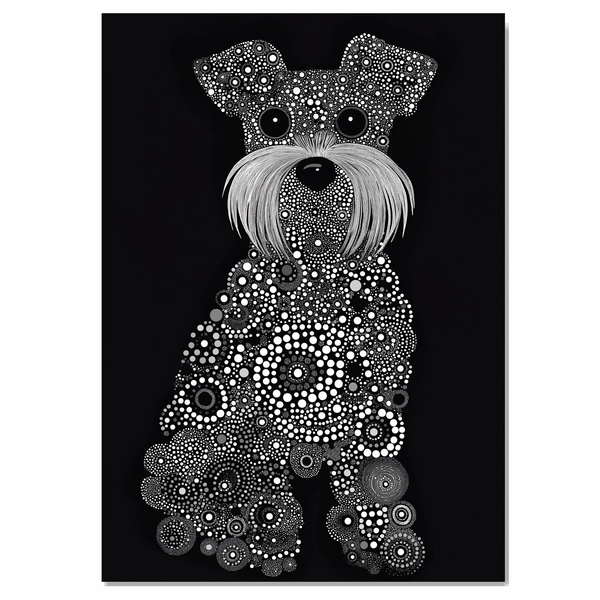 Modern Miniature Schnauzer Dog Made of Dots and Circles Hand Drawn Art Bold Black and White Design Perfect for Home Wall Decor Living Room Bedroom or Gift on Ready to Hang 1.5" Thick Canvas Wrap, Floating Framed Canvas, Flat Rolled Canvas