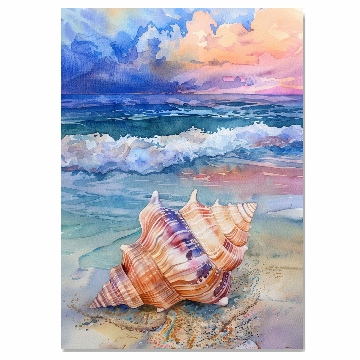 Watercolor Painting of a Multicolored Seashell on the Beach with Ocean Waves and Vibrant Sunset Sky in Coastal Style on Ready to Hang 1.5" Thick Canvas Wrap, Floating Framed Canvas, Flat Rolled Canvas